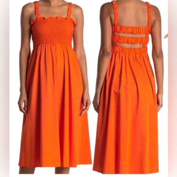 Topshop bright orange elastic strappy smocked ruffle bodice 100% cotton midi. - Picture 1 of 7